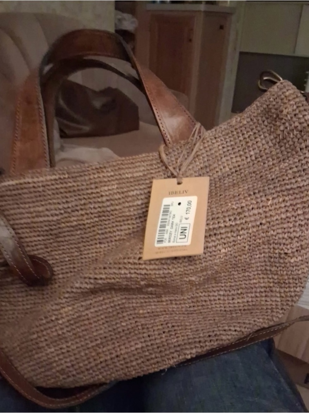 IBELIV Woven Straw Tote Bag with Leather Trim